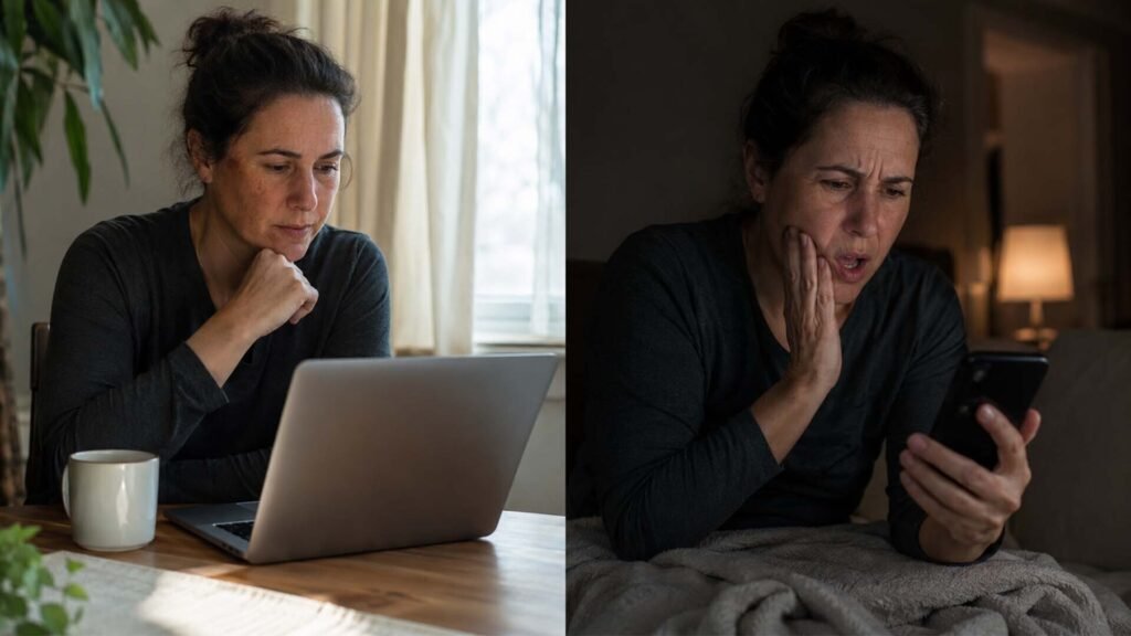 Dental patient researching implants versus emergency toothache patient calling