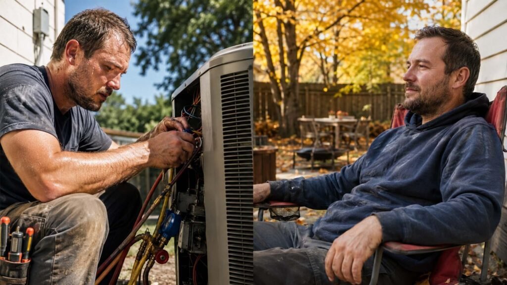 HVAC Marketing strategy - technician servicing outdoor condenser unit during peak season