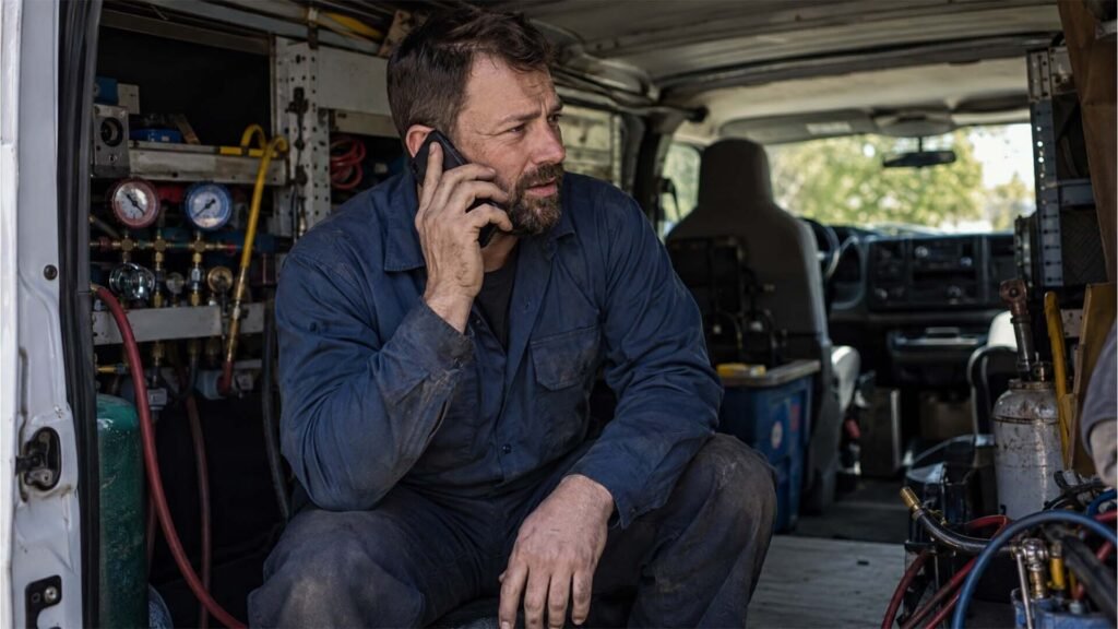 HVAC lead generation -contractor-answering-a-customer-call-in-a-service-van