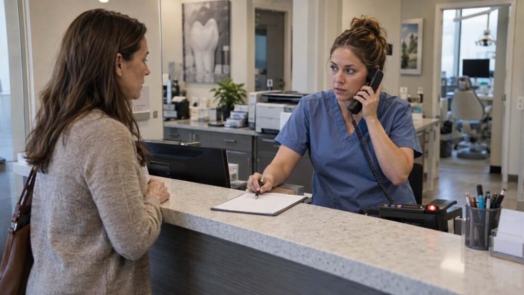 Dental front desk staff on the phone while a patient waits at the counter