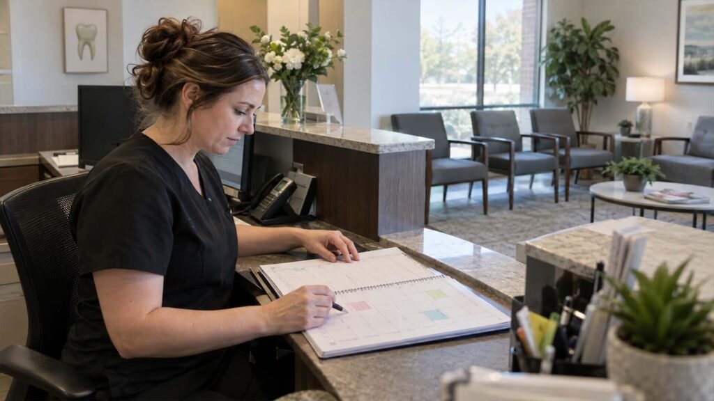 Dental front desk staff writing appointments in an empty waiting room