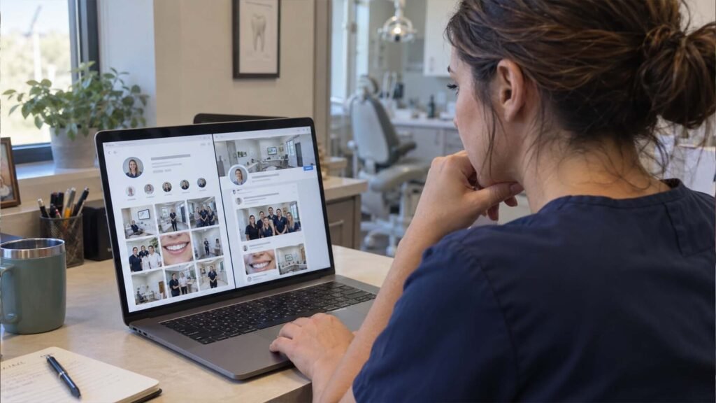 Dental office staff comparing Instagram and Facebook profiles on a laptop