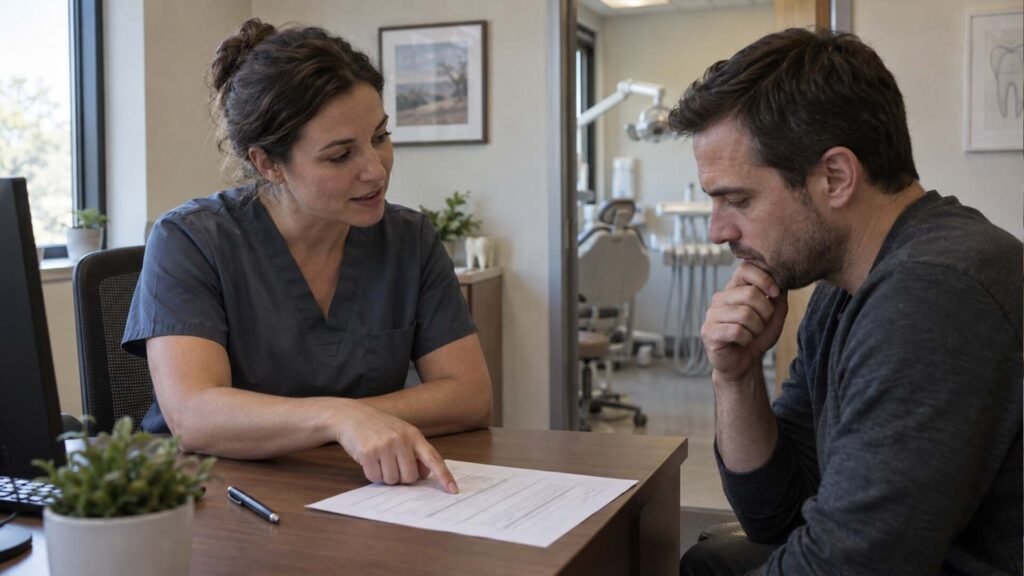 Dental office staff explaining implant financing options to a patient