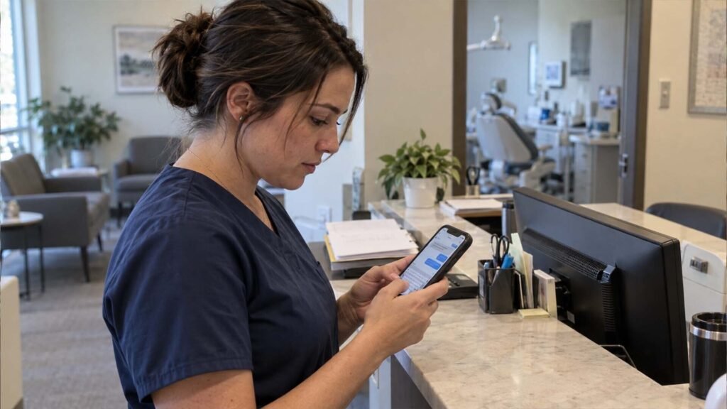 Dental office staff responding to a patient message at the front desk