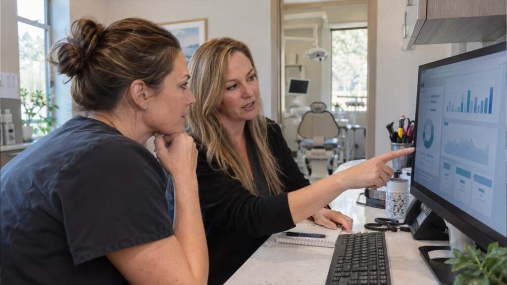 Dental office team reviewing Google Ads campaigns split by treatment