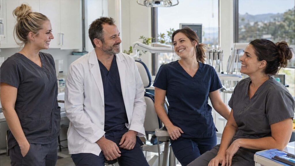 Dental team smiling together in the practice for social media content