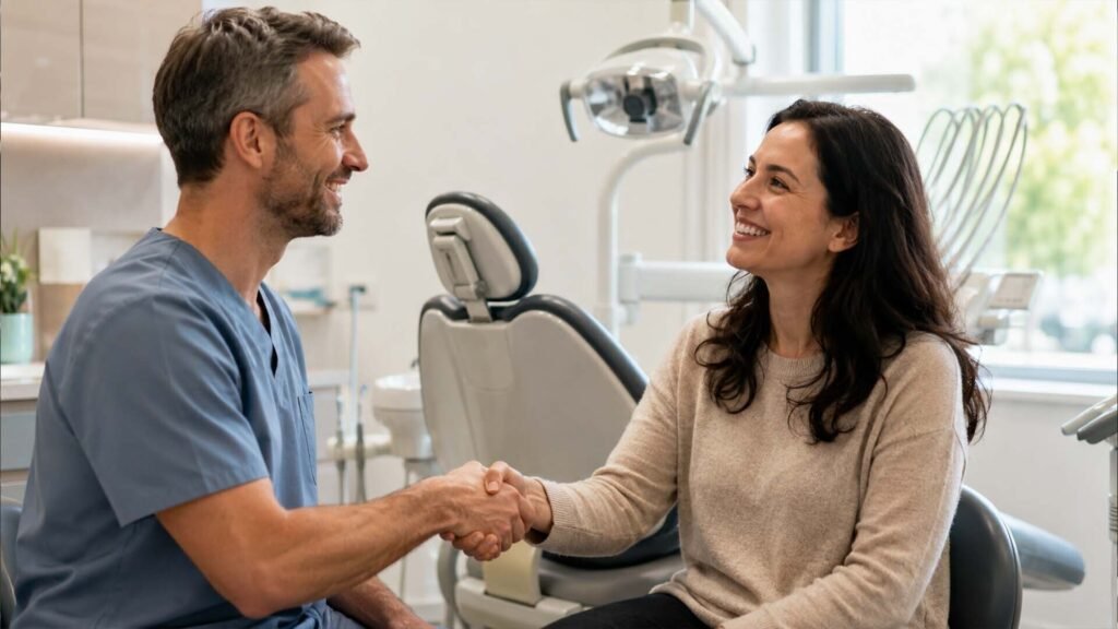 Dentist and patient shaking hands after a positive appointment