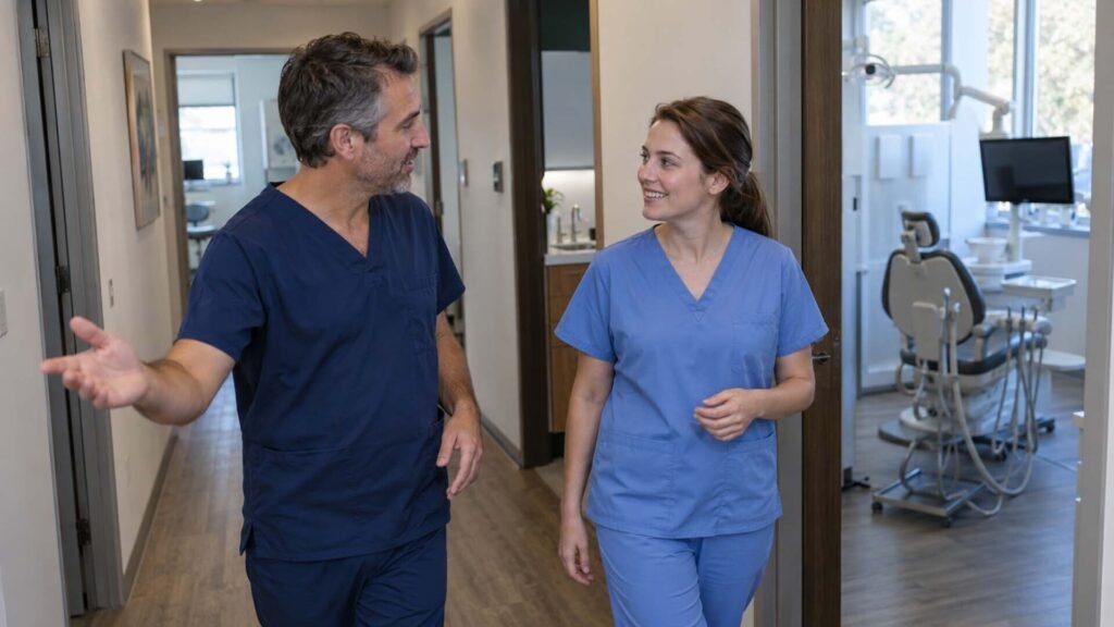 Dentist introducing a new associate to the practice team