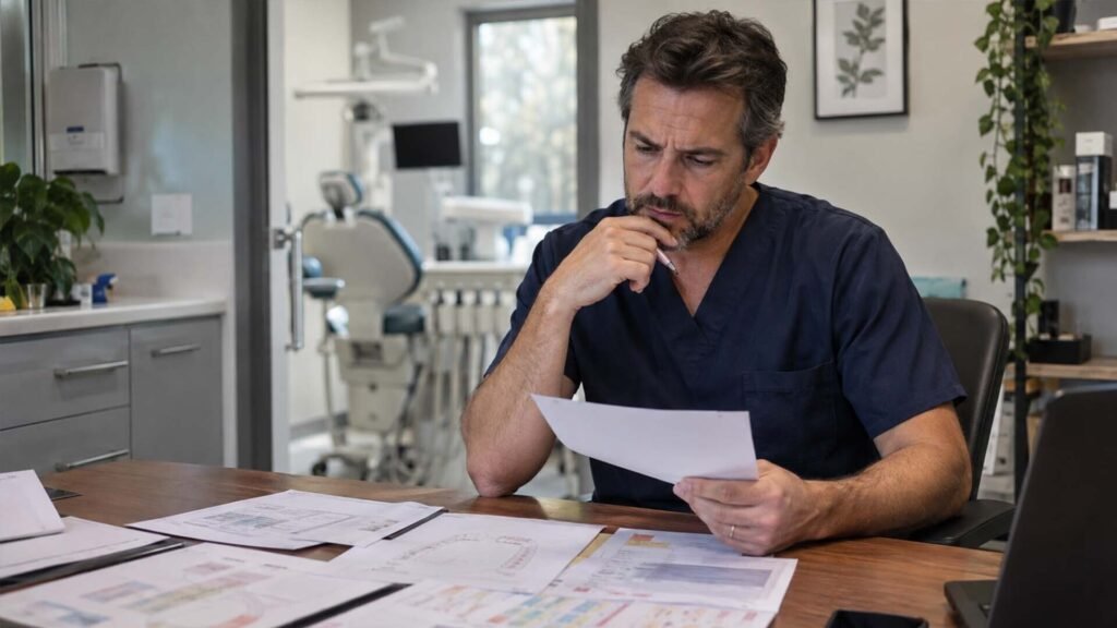 Dentist-reviewing-treatment-case-charts-to-improve-case
