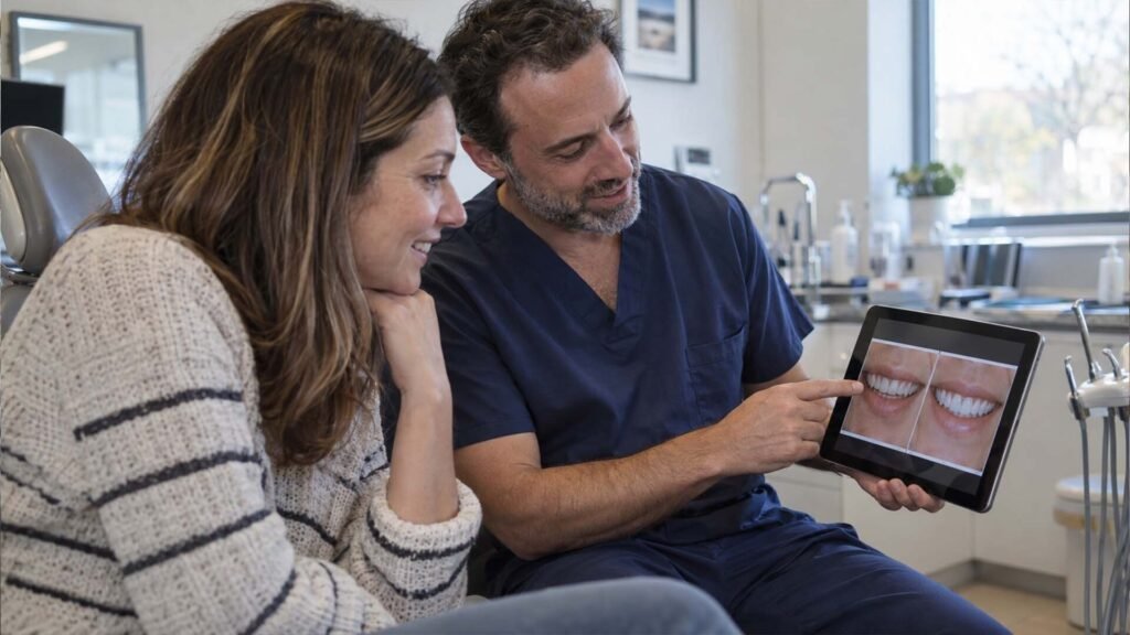 Dentist showing a patient before and after implant results on a tablet