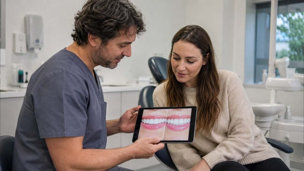 Dentist showing patient before and after cosmetic dental results on tablet