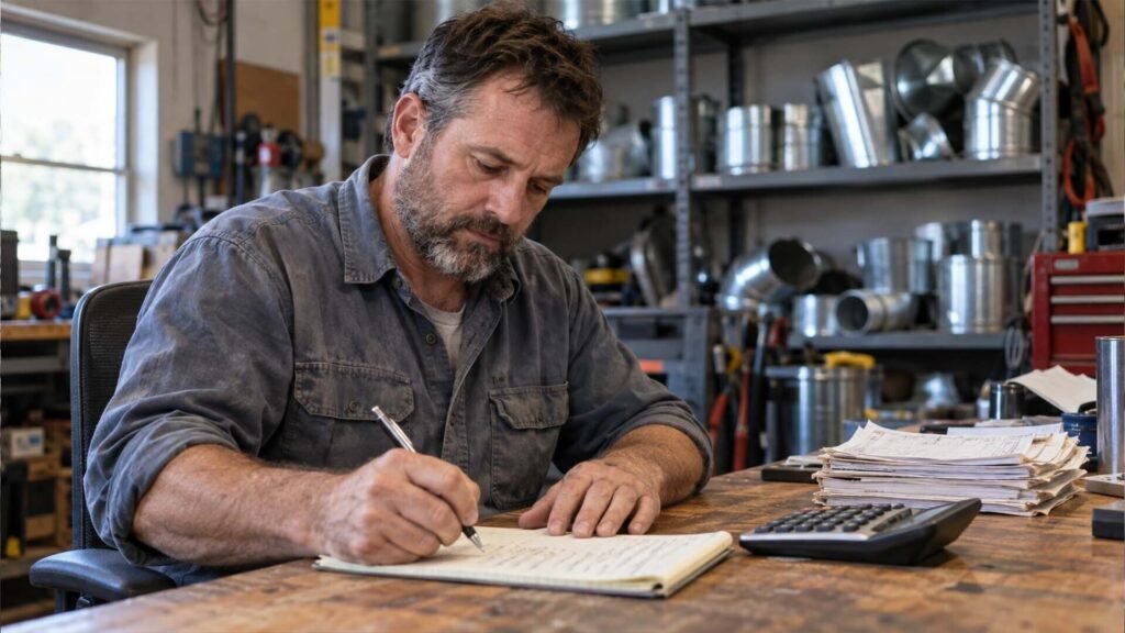 HVAC business owner writing down his average ticket and job numbers at a workshop desk HVAC Marketing Plan:
