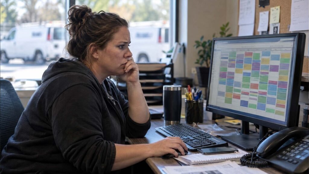 HVAC dispatcher reviewing a fully booked service schedule