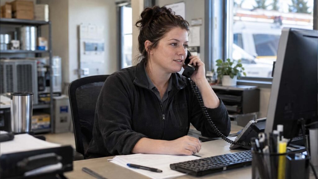 HVAC office staff answering a customer call promptly at the front desk