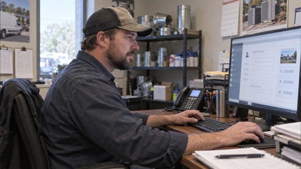 HVAC office worker updating Google Business Profile service area settings