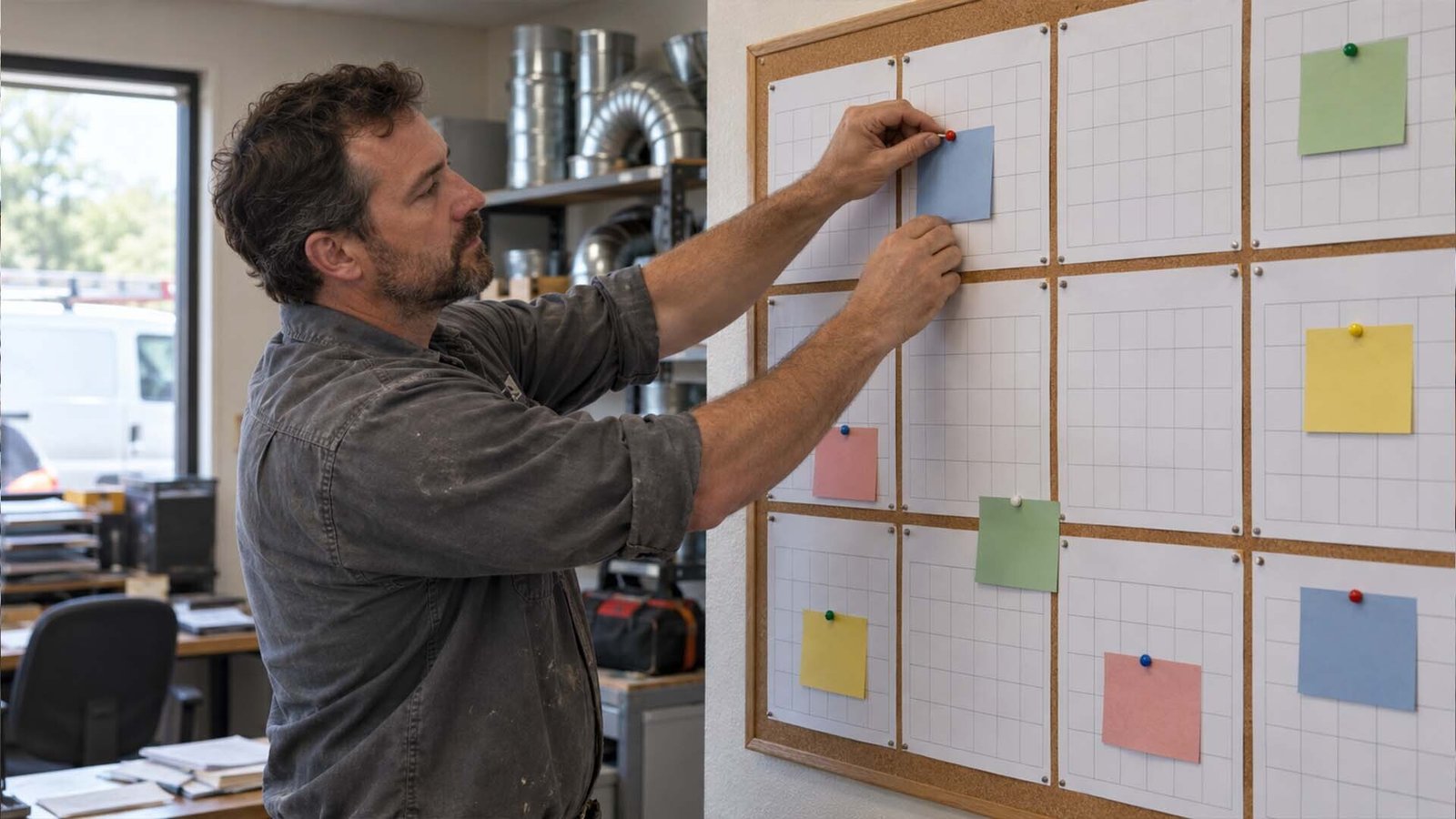 HVAC owner pinning notes on a wall calendar to plan marketing across the year