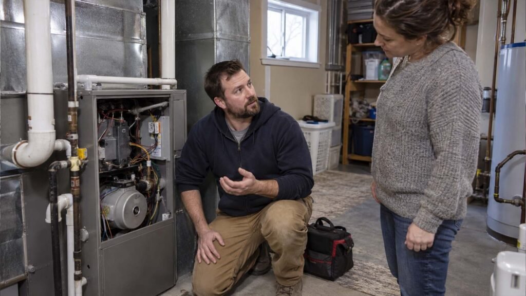 HVAC technician explaining furnace service to a homeowner