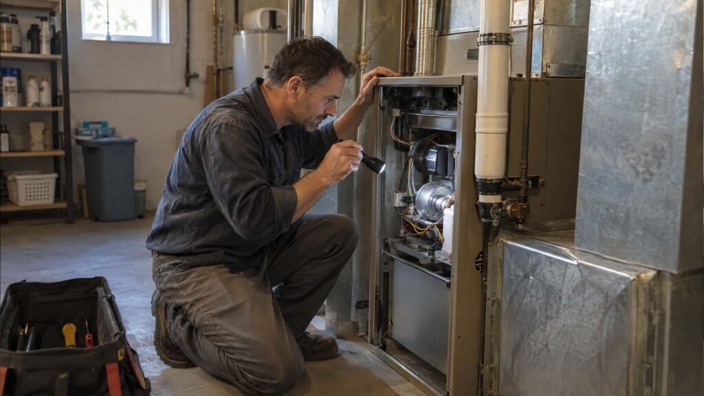 HVAC technician performing a routine maintenance inspection on a furnace