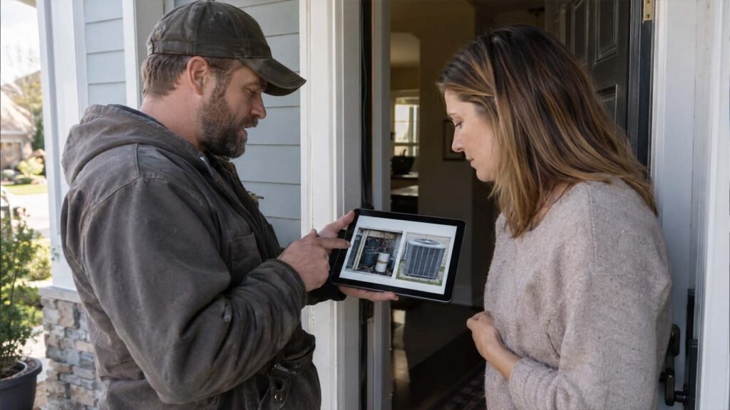 HVAC technician presenting repair and replacement options to a homeowner