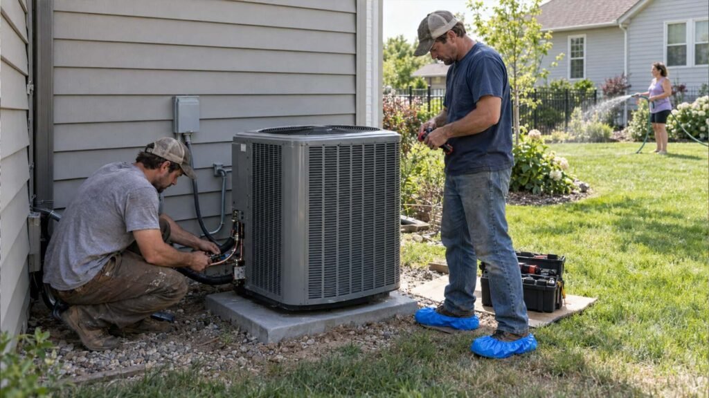 HVAC technicians installing an outdoor air conditioning unit at a home