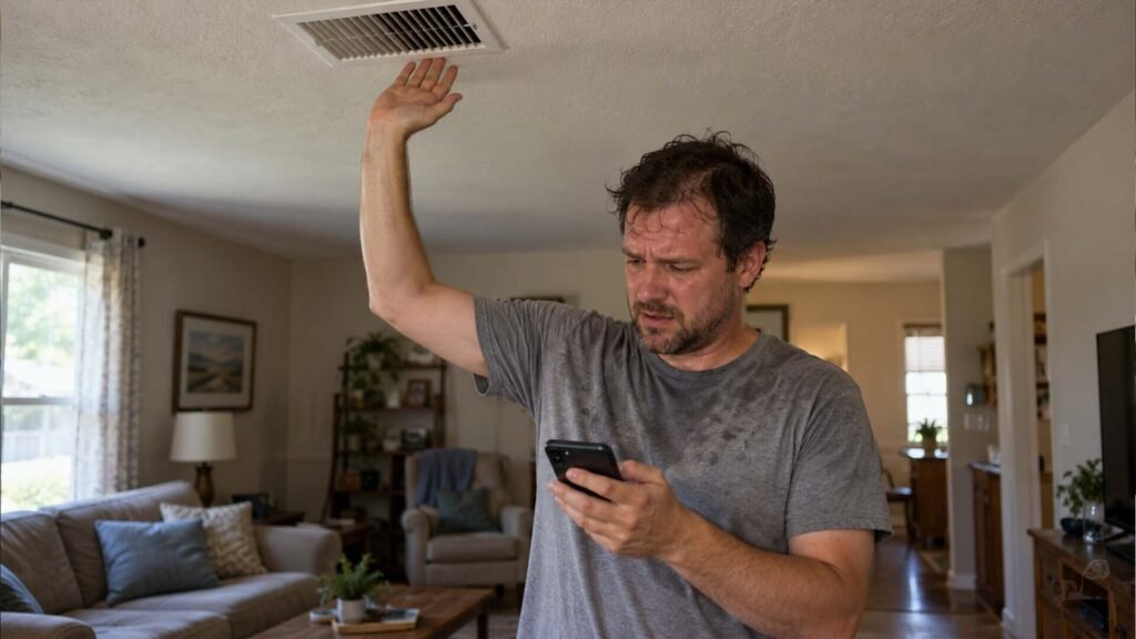 Homeowner holding his hand under a ceiling vent while searching for AC repair on his phone