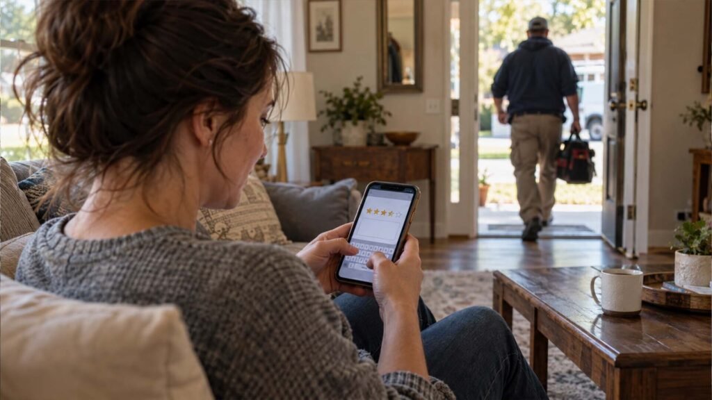 Homeowner writing an HVAC service review while technician leaves