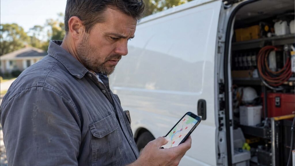 Local SEO for HVAC - technician checking service area coverage on a map