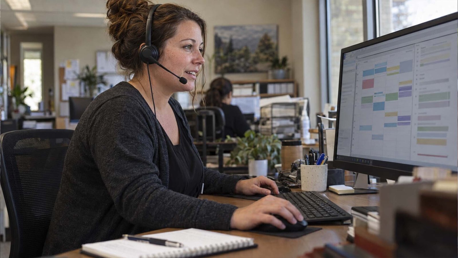 Office dispatcher with a headset answering customer calls at a scheduling desk