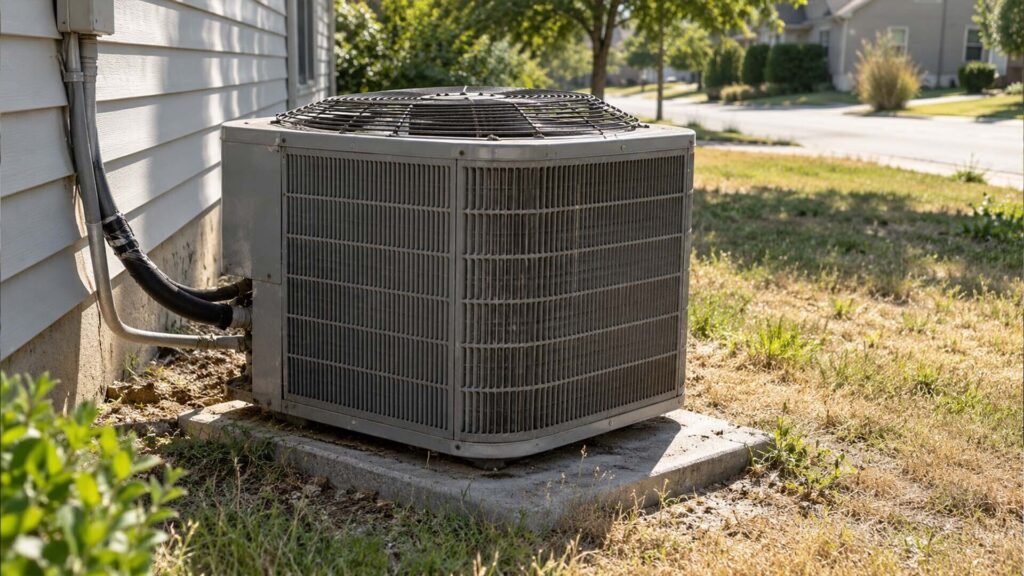 Outdoor AC condenser unit beside a suburban home on a hot sunny day
