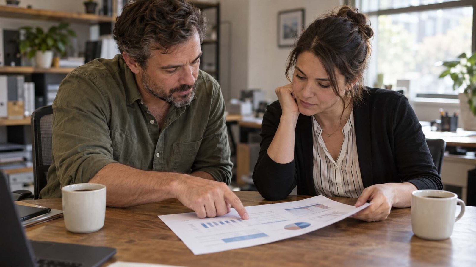 Owner and office manager reviewing a printed monthly marketing report with charts