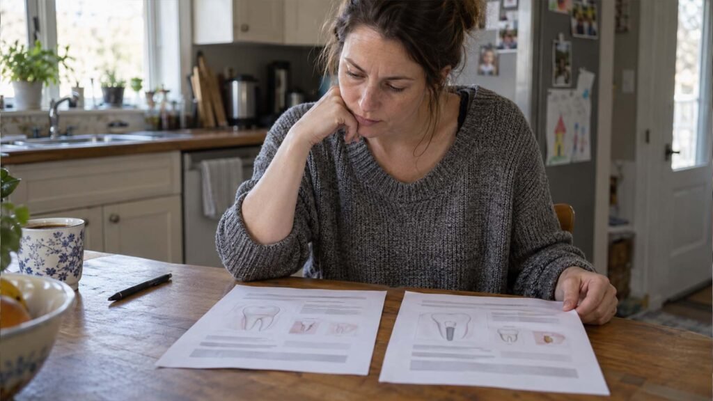 Patient weighing an implant against a bridge and other options at home