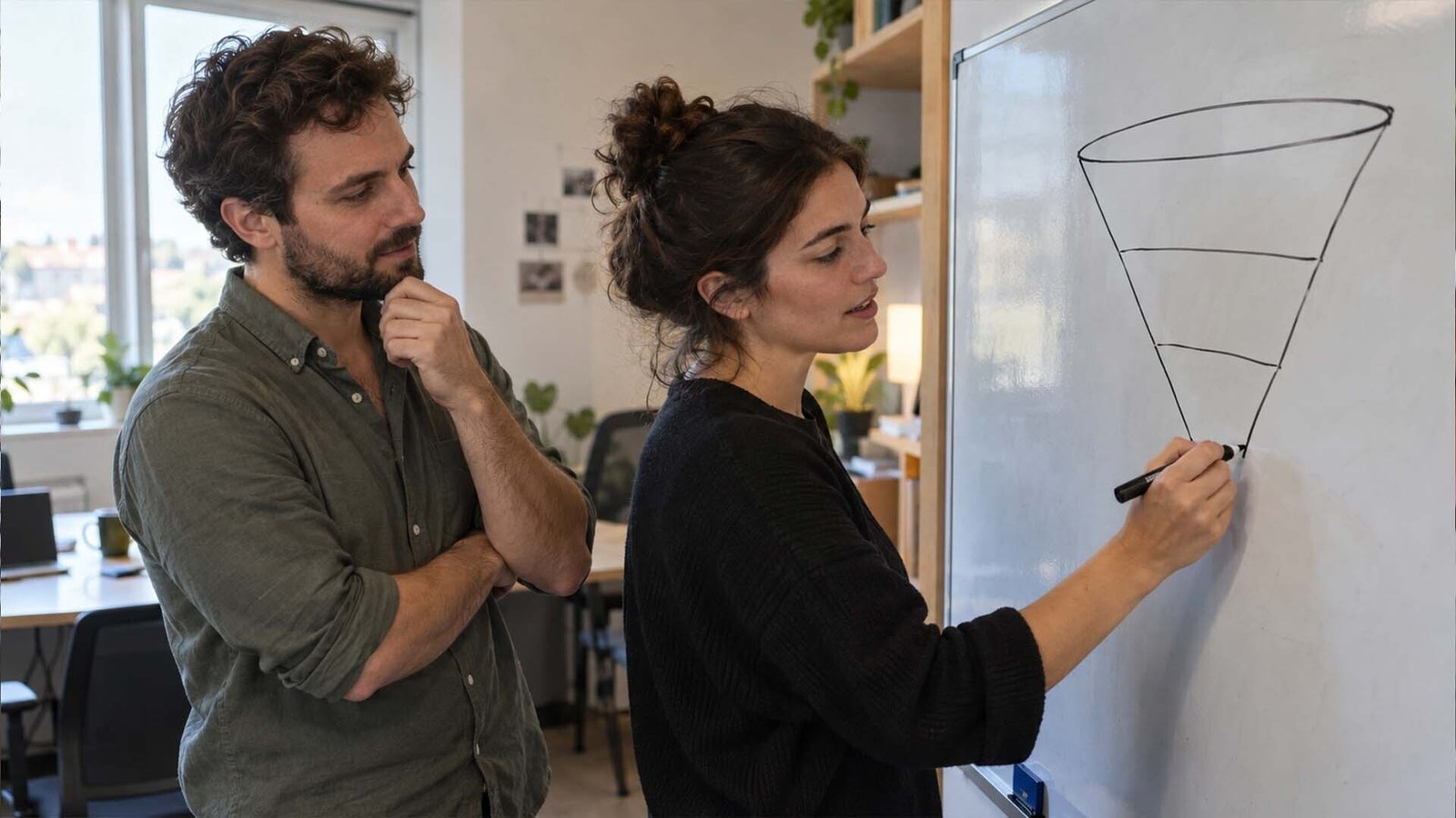 Two team members sketching a lead-to-job funnel on an office whiteboard