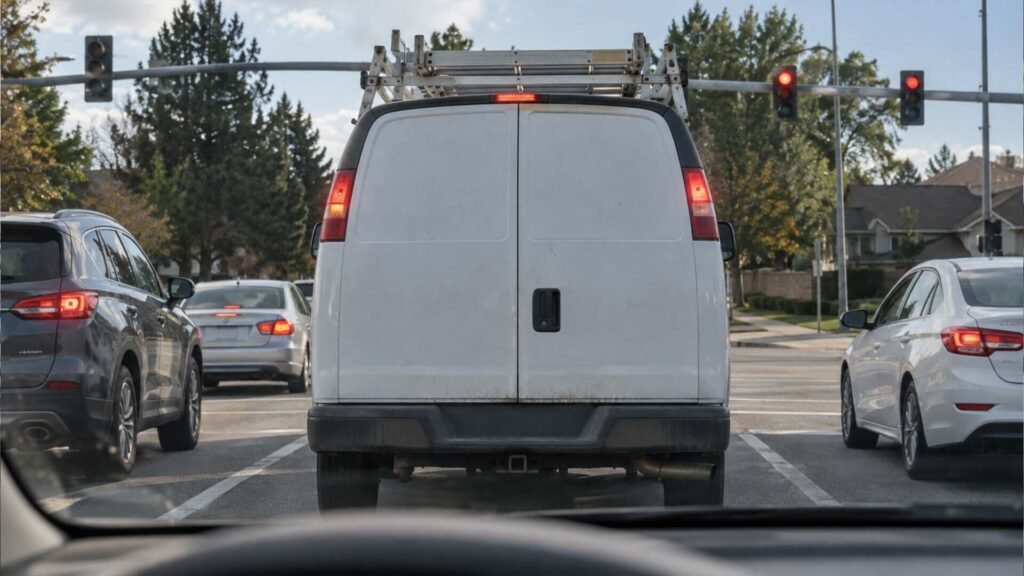 White HVAC service van driving through suburban traffic HVAC Contractor Marketing