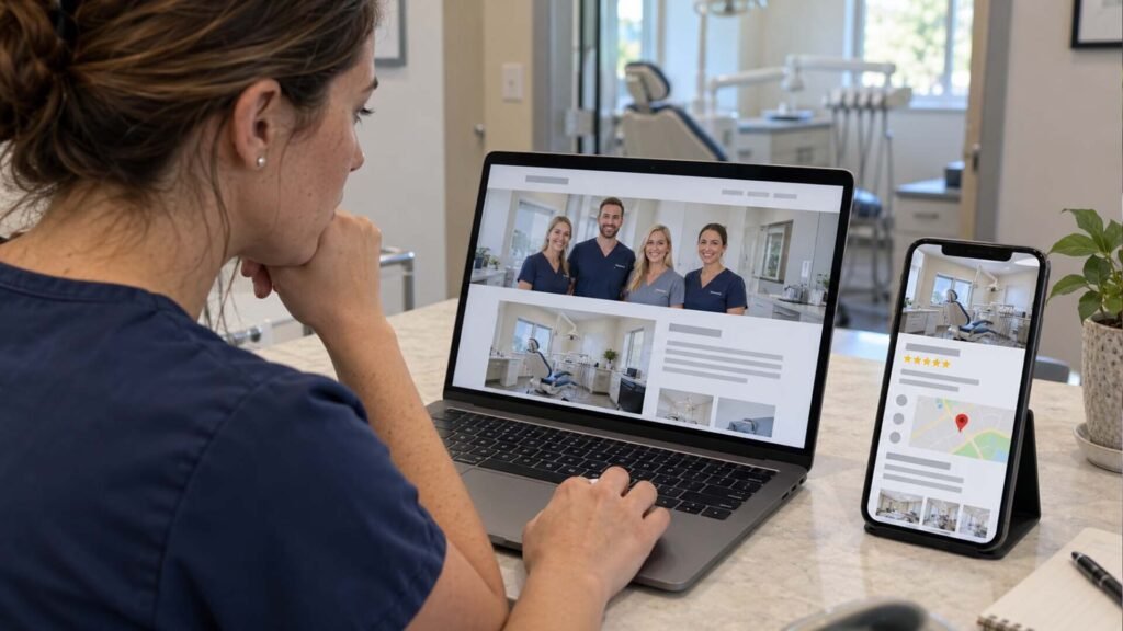 Dental practice website, Google Business Profile and social page showing the same photos and hours