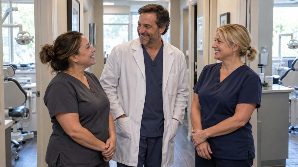 Dentist and two long-tenured team members smiling together in a dental practice hallway