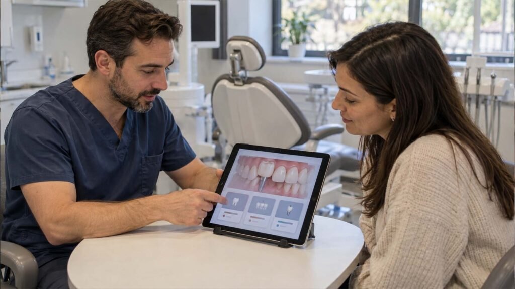 Dentist explaining a dental implant treatment plan to a patient on a tablet