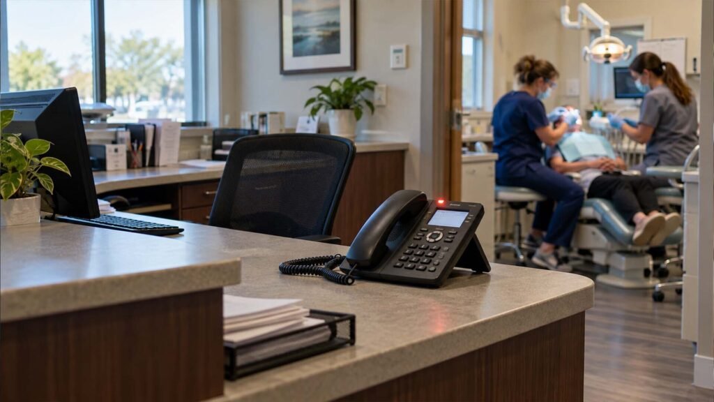 Front desk phone unanswered while staff are occupied with a patient
