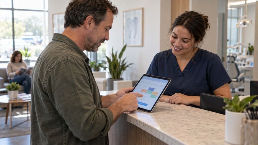 How to Get More Dental Patients Front desk staff helping a patient book an appointment on a tablet calendar