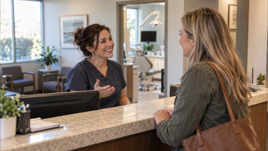 Returning patient greeted warmly by name at a dental practice front desk